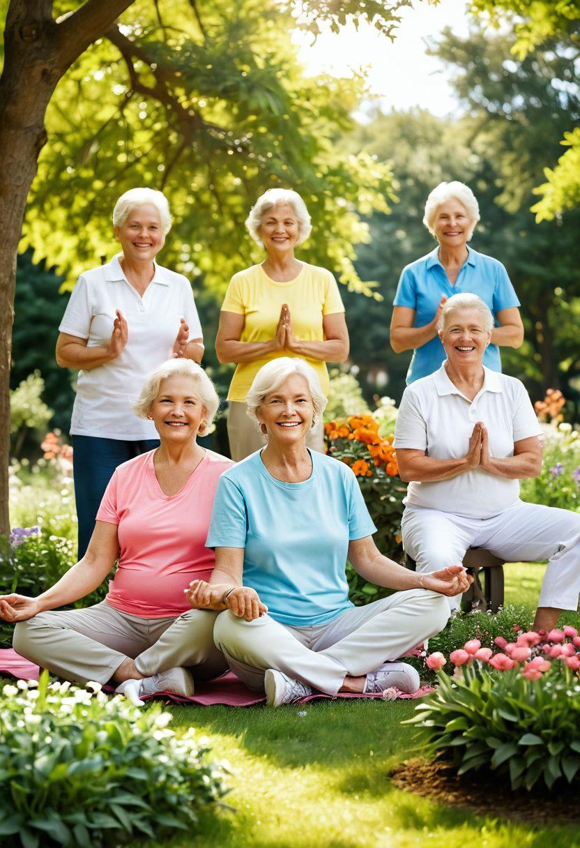 A lively scene featuring a diverse group of active seniors engaging in various joyful activities such as gardening, yoga, and biking in a sunlit park, surrounded by blooming flowers and trees. Their expressions show happiness and vitality, showcasing the joy of life in the golden years. Include soft, warm colors to evoke a sense of warmth and positivity. super-realistic. vibrant colors. soft focus.