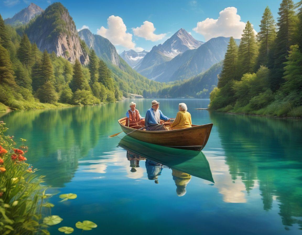 A serene landscape depicting a joyful elderly couple joyfully sailing on a tranquil lake under a bright blue sky, surrounded by lush green mountains. They are exploring new adventures, symbolizing financial freedom with a sailboat adorned with dollar signs and vibrant nature. Include elements of travel like a vintage suitcase and a globe subtly placed in the scene. super-realistic. vibrant colors. peaceful atmosphere.