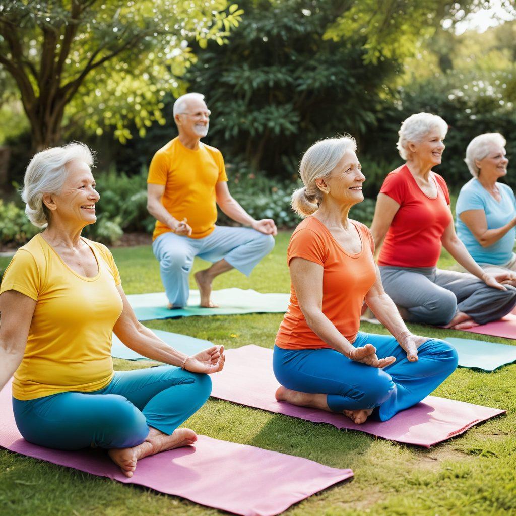 A serene landscape featuring a diverse group of active seniors engaging in various wellness activities like yoga, gardening, and painting. Bright colors capture their joy and vitality, with a backdrop of nature that symbolizes tranquility and health. Emphasize inclusivity and community, showcasing happiness and connection. soft-focused. vibrant colors. peaceful atmosphere.